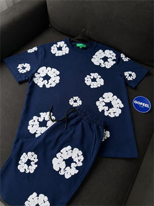 Mavi Çiçek Detaylı Oversize T-shirt & Şort Takım