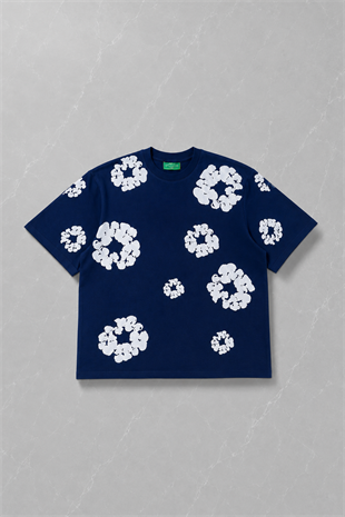 Mavi Çiçek Detaylı Oversize T-shirt & Şort Takım