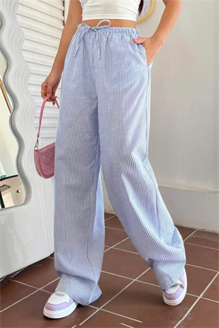 Mavi Çizgili Beli Lastikli Y2K Bol Paça Pantolon