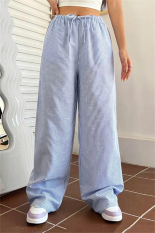 Mavi Çizgili Beli Lastikli Y2K Bol Paça Pantolon