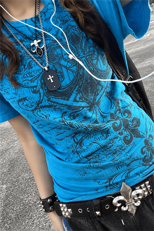 Mavi Fleur-De-Lis Gotik Y2K Kısa Kollu Crop