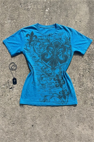 Mavi Fleur-De-Lis Gotik Y2K Kısa Kollu Crop