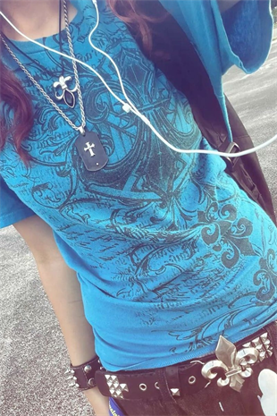 Mavi Fleur-De-Lis Gotik Y2K Kısa Kollu Crop