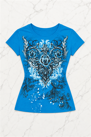 Mavi Gotik Rose Harajuku Y2K Kısa Kollu Crop