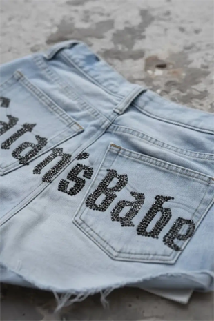 Mavi Satans Babe Taşlı Y2K Mini Şort