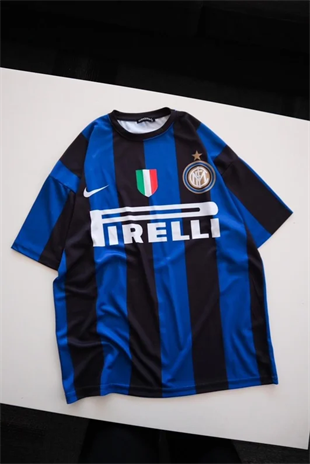 Mavi Siyah Çubuklu Inter Milan Jersey T-Shirt