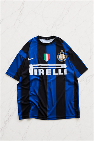 Mavi Siyah Çubuklu Inter Milan Jersey T-Shirt