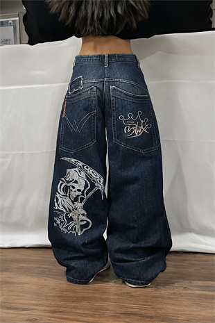 Mavi Skater Skull Arka Cep Yamalı Baggy Pantolon