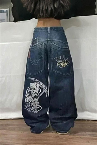 Mavi Skater Skull Arka Cep Yamalı Baggy Pantolon