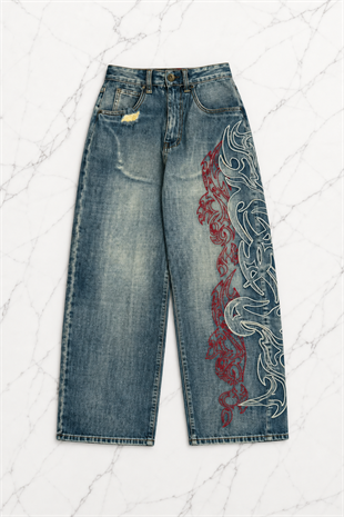 Mavi Taşlamalı Vintage Tribal Baskılı Grunge Baggy Unisex Pantolon