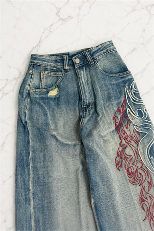 Mavi Taşlamalı Vintage Tribal Baskılı Grunge Baggy Unisex Pantolon