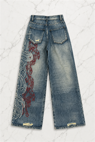 Mavi Taşlamalı Vintage Tribal Baskılı Grunge Baggy Unisex Pantolon