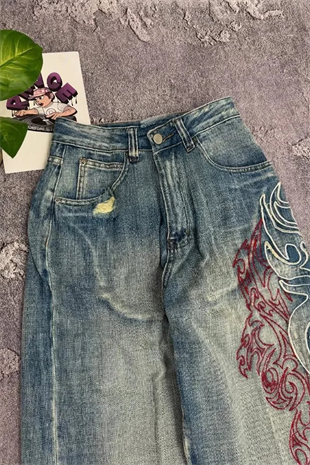 Mavi Taşlamalı Vintage Tribal Baskılı Grunge Baggy Unisex Pantolon