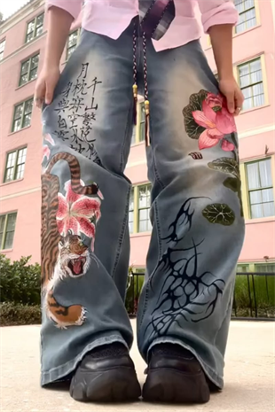Mavi Yıkama Kanji ve Lotus Baskılı Grunge Y2K Unisex Baggy Pantolon