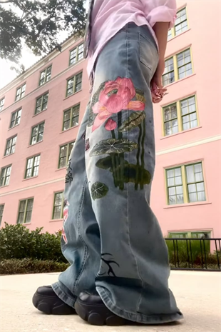 Mavi Yıkama Kanji ve Lotus Baskılı Grunge Y2K Unisex Baggy Pantolon