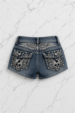 Mavi Yıkamalı Taşlı Skull Wings Grunge Y2K Kot Mini Şort