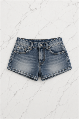 Mavi Yıkamalı Taşlı Skull Wings Grunge Y2K Kot Mini Şort