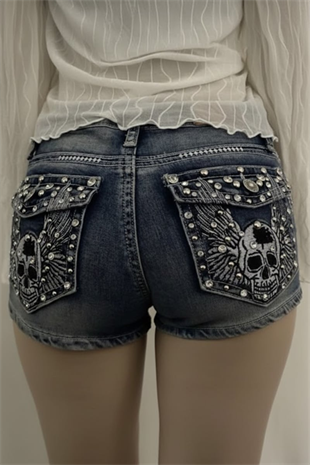 Mavi Yıkamalı Taşlı Skull Wings Grunge Y2K Kot Mini Şort