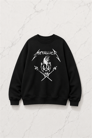 Metallica Skull Baskılı Siyah Unisex Oversize Bisiklet Yaka Sweatshirt