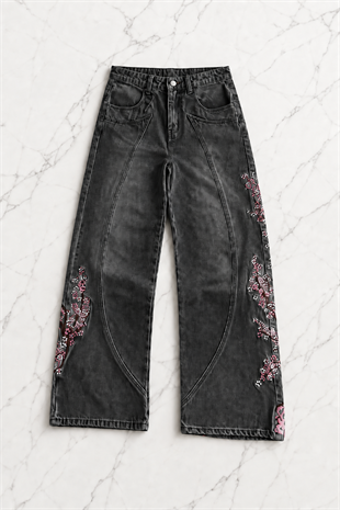 Midnight Blossom Nakışlı Wide Leg Jean