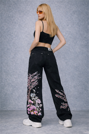 Midnight Blossom Nakışlı Wide Leg Jean