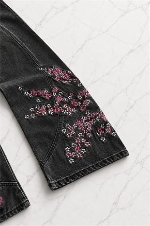Midnight Blossom Nakışlı Wide Leg Jean