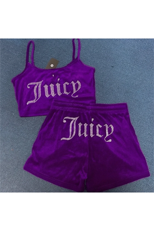 Mor Juicy Taşlı Alt Üst Şort Takım