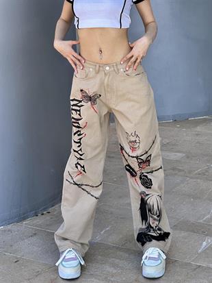 Newstyle baskilt baskılı krem baggy jean