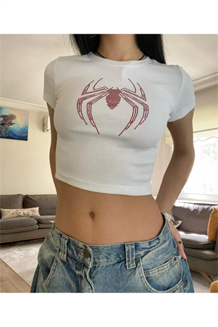 Örümcek Kırmızı Taş Baskılı Crop
