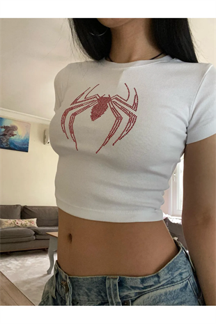 Örümcek Kırmızı Taş Baskılı Crop