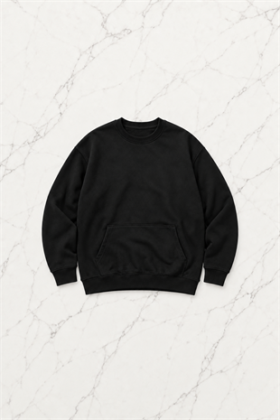 Outlet Düz Siyah Bisiklet Yaka Sweatshirt