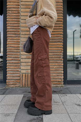 Outlet Kahverengi Lastikli Bel Kargo Pantolon
