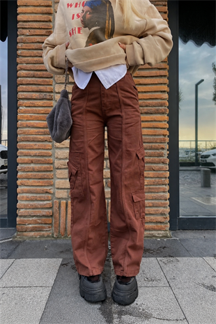 Outlet Kahverengi Lastikli Bel Kargo Pantolon