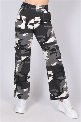 Outlet Kamuflaj Desenli Unisex Baggy Jean