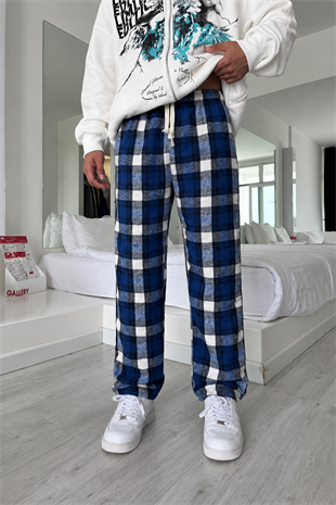 Outlet Mavi Beyaz Ekose Eşofman Altı