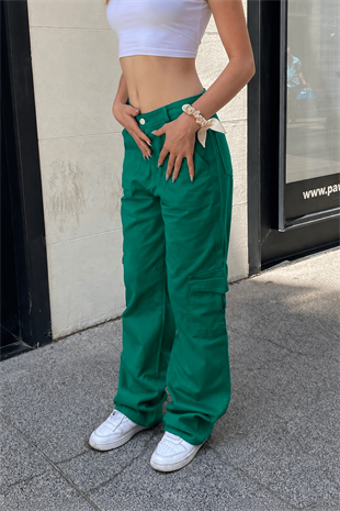 Outlet Yeşil Kargo Bel Lastikli Baggy Jean