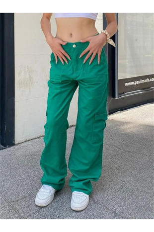Outlet Yeşil Kargo Bel Lastikli Baggy Jean
