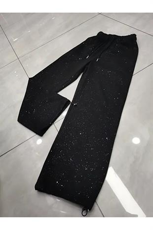 Parlak Taş Detail Siyah Baggy Eşofman Altı