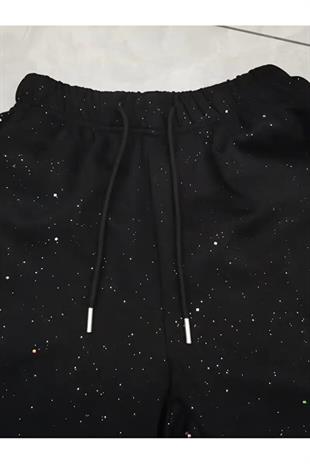 Parlak Taş Detail Siyah Baggy Eşofman Altı