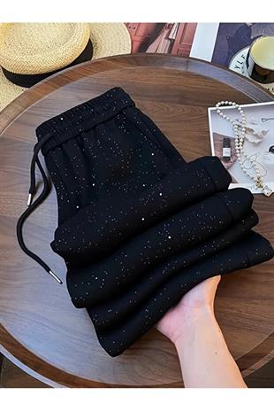 Parlak Taş Detail Siyah Baggy Eşofman Altı