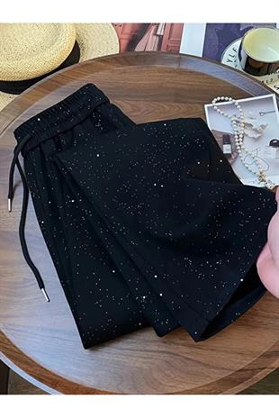 Parlak Taş Detail Siyah Baggy Eşofman Altı