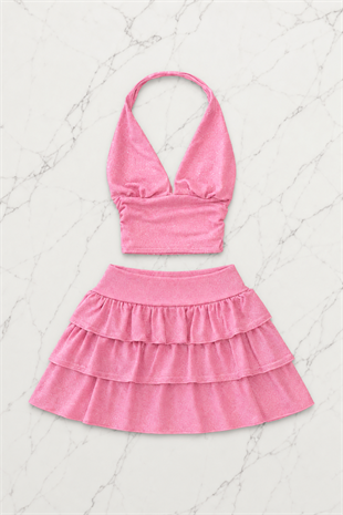 Pembe Ashley Sim Detaylı Şort Etek Bluz Takım