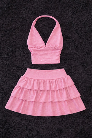 Pembe Ashley Sim Detaylı Şort Etek Bluz Takım