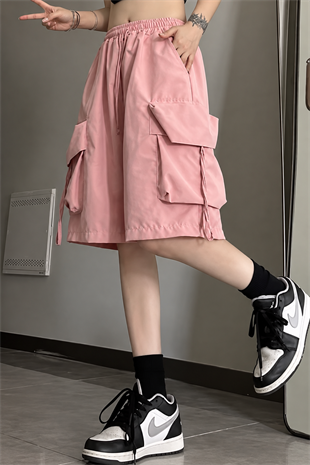 Pembe Cepli Gabardin Kargo Şort