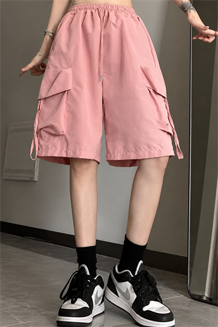 Pembe Cepli Gabardin Kargo Şort