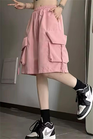 Pembe Cepli Gabardin Kargo Şort