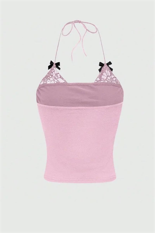 Pembe Dantel Detaylı Siyah Fiyonklu İn Life Y2K Askılı Crop