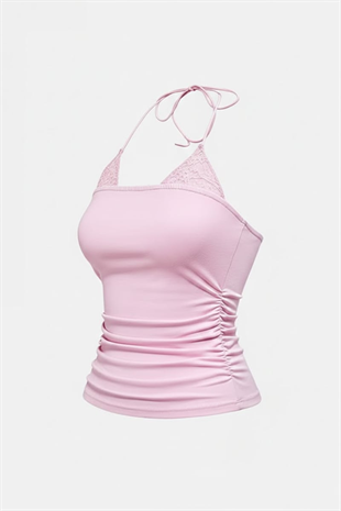 Pembe Dantel Ekli Bağlamalı Y2K Askılı Crop