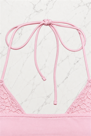 Pembe Dantel Ekli Bağlamalı Y2K Askılı Crop