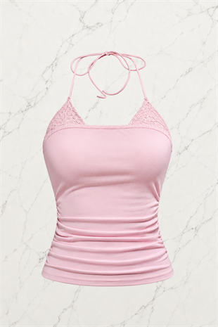 Pembe Dantel Ekli Bağlamalı Y2K Askılı Crop